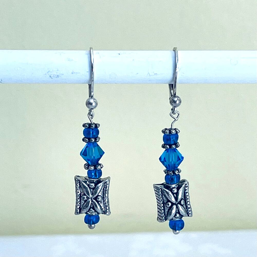 Earrings Blue Swarovski Crystal Sliver Bead Sterling Silver Lever Backs Artisan